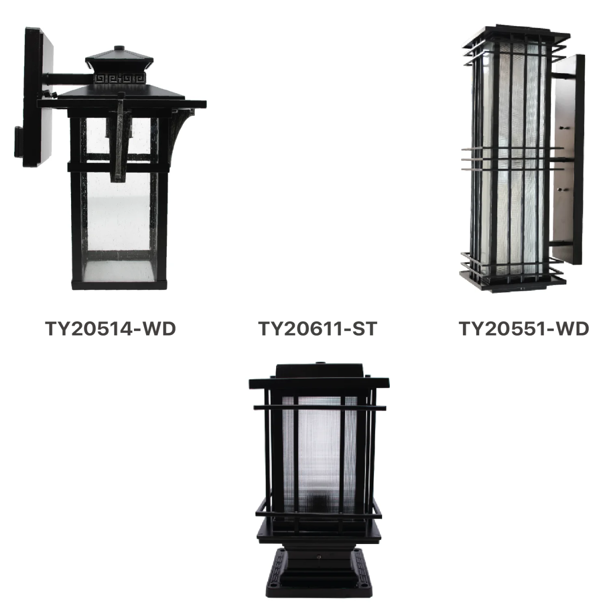 Four black outdoor wall lights with different designs on a white background