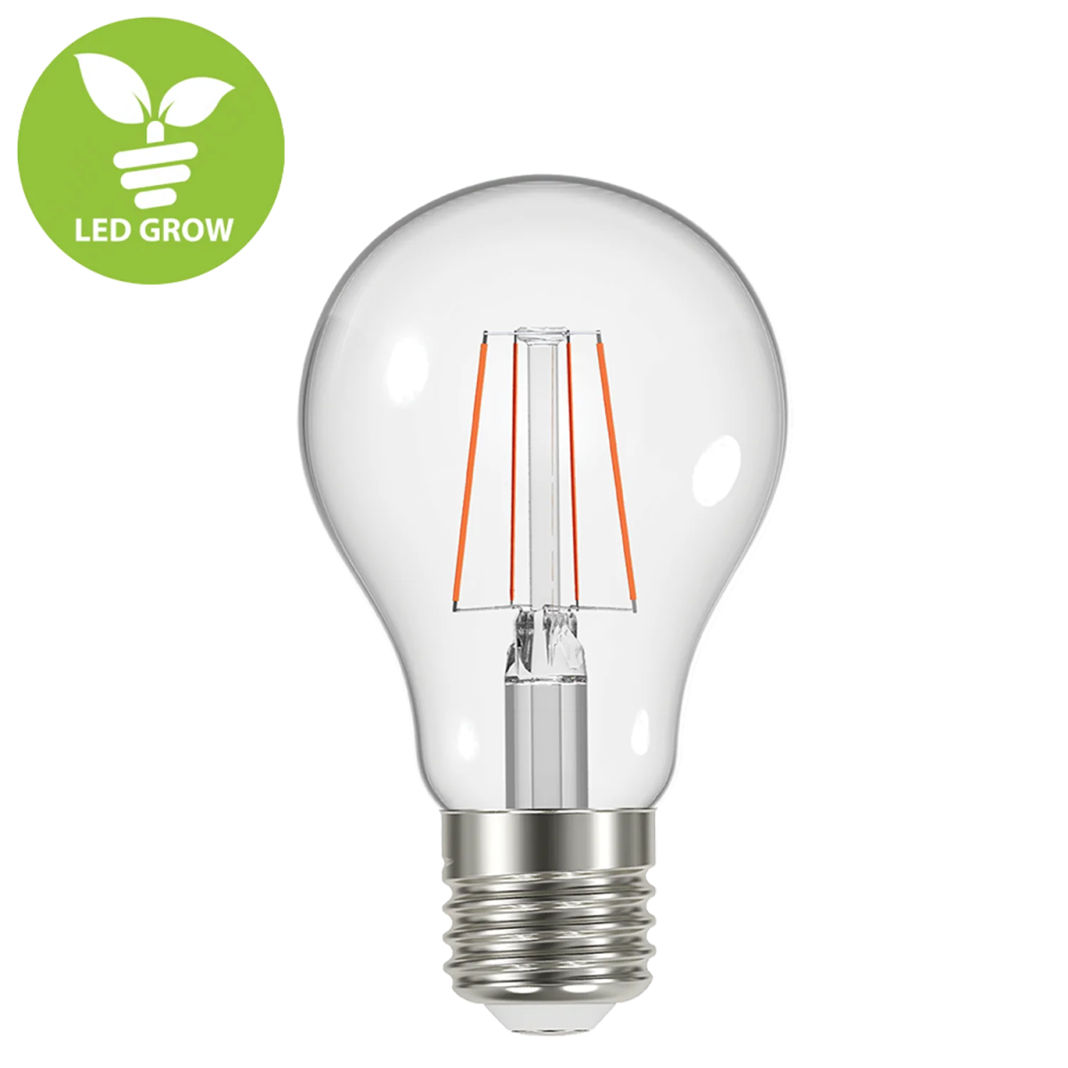 Clear LED light bulb with visible filaments on a white background, featuring the 'LED Grow' logo.