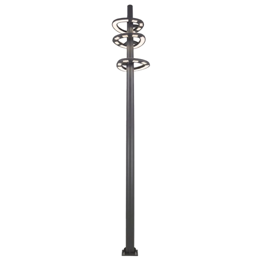 Decorative metal pole with circular top design on a white background