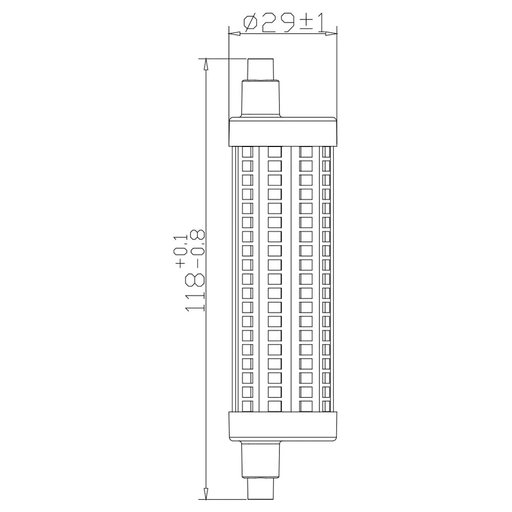 Technical drawing of an LED light bulb with dimensions on a white background