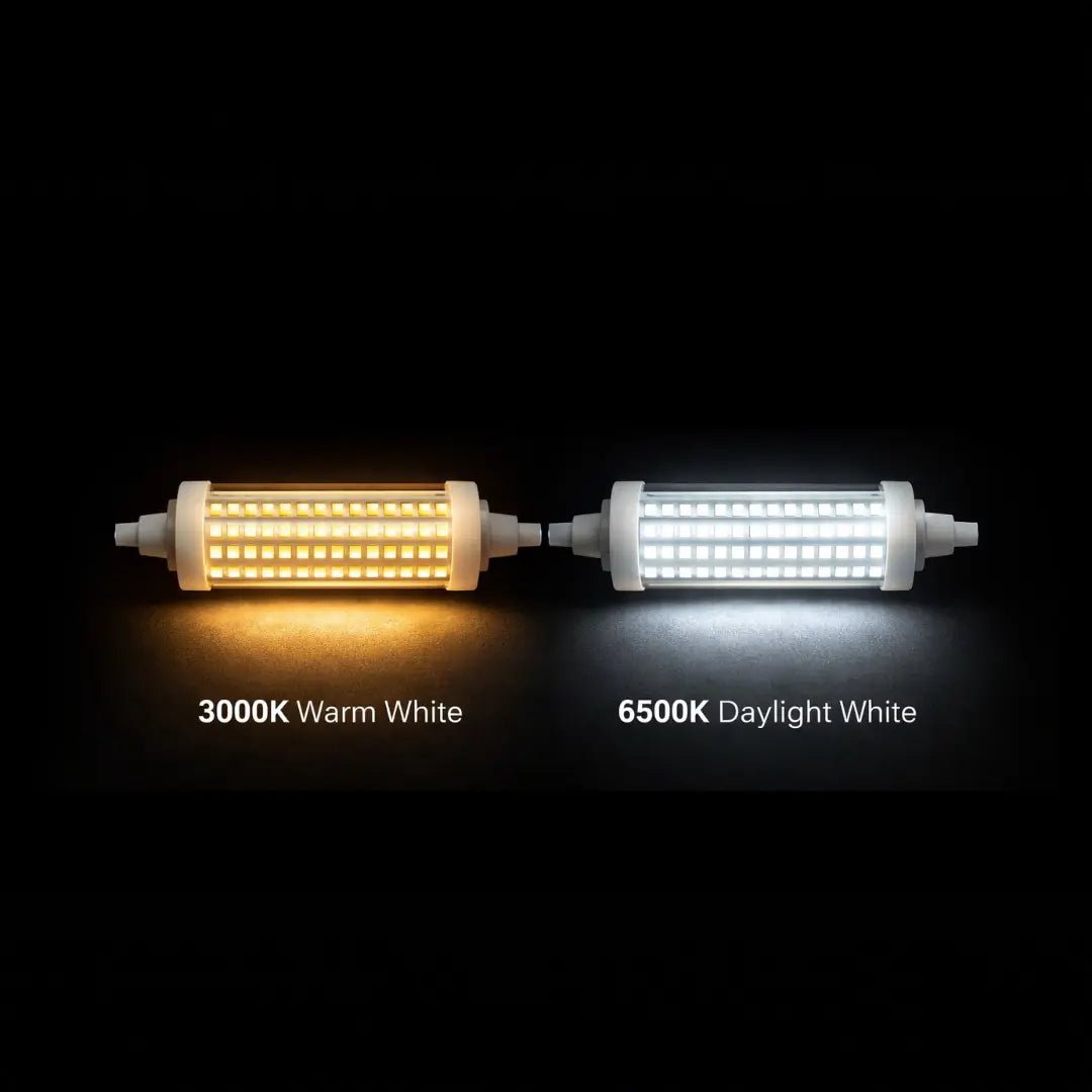 Two LED light bulbs labeled '3000K Warm White' and '6500K Daylight White' on a black background.