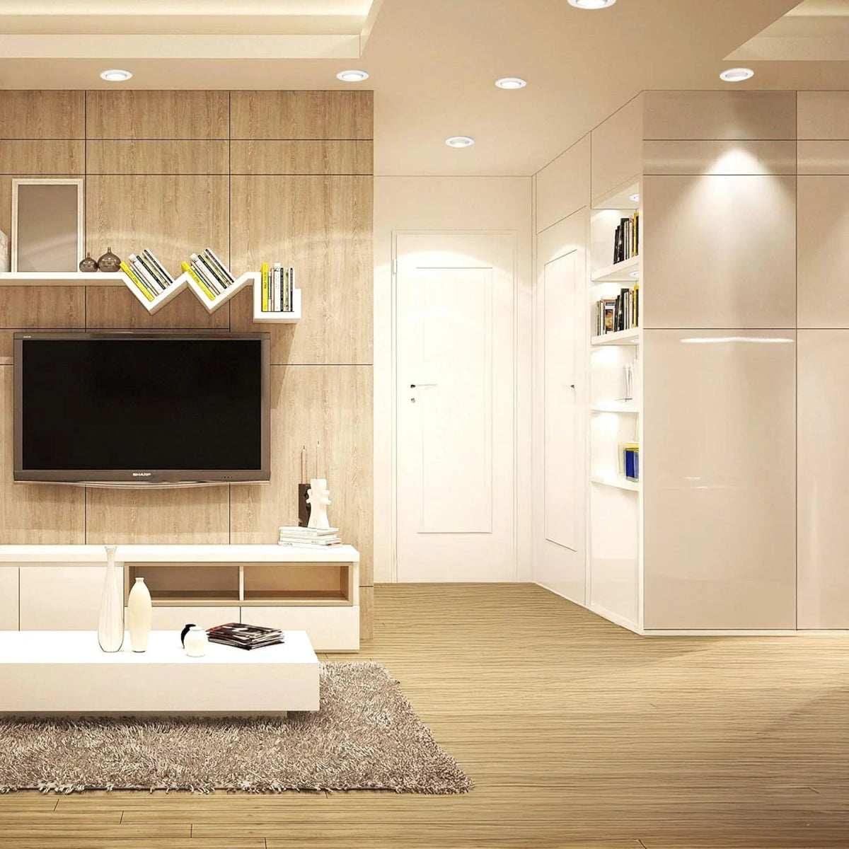 Modern living room with wooden wall, TV, and shelves.