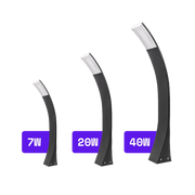 Three curved black light fixtures with wattage labels on a white background