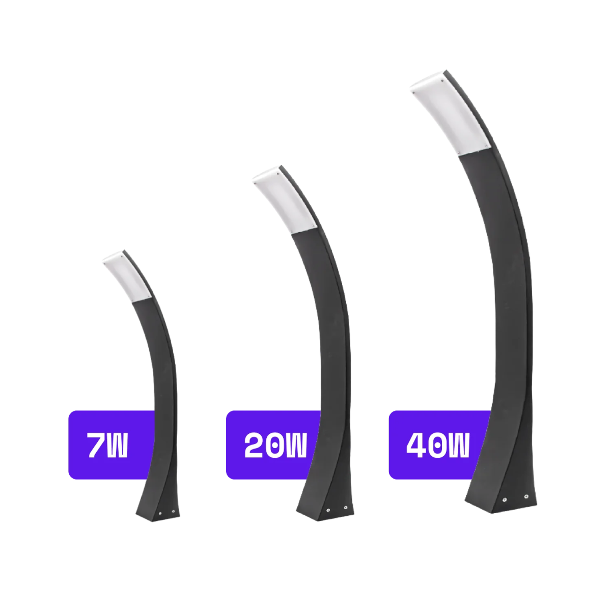 Three curved black light fixtures with wattage labels on a white background