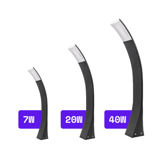 Three curved black light fixtures with wattage labels on a white background
