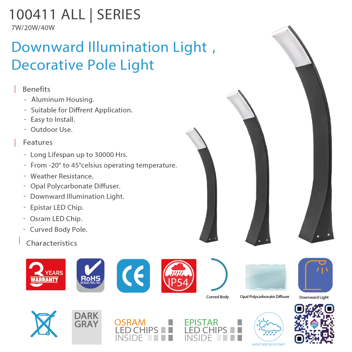 Decorative pole light with features and specifications on a white background