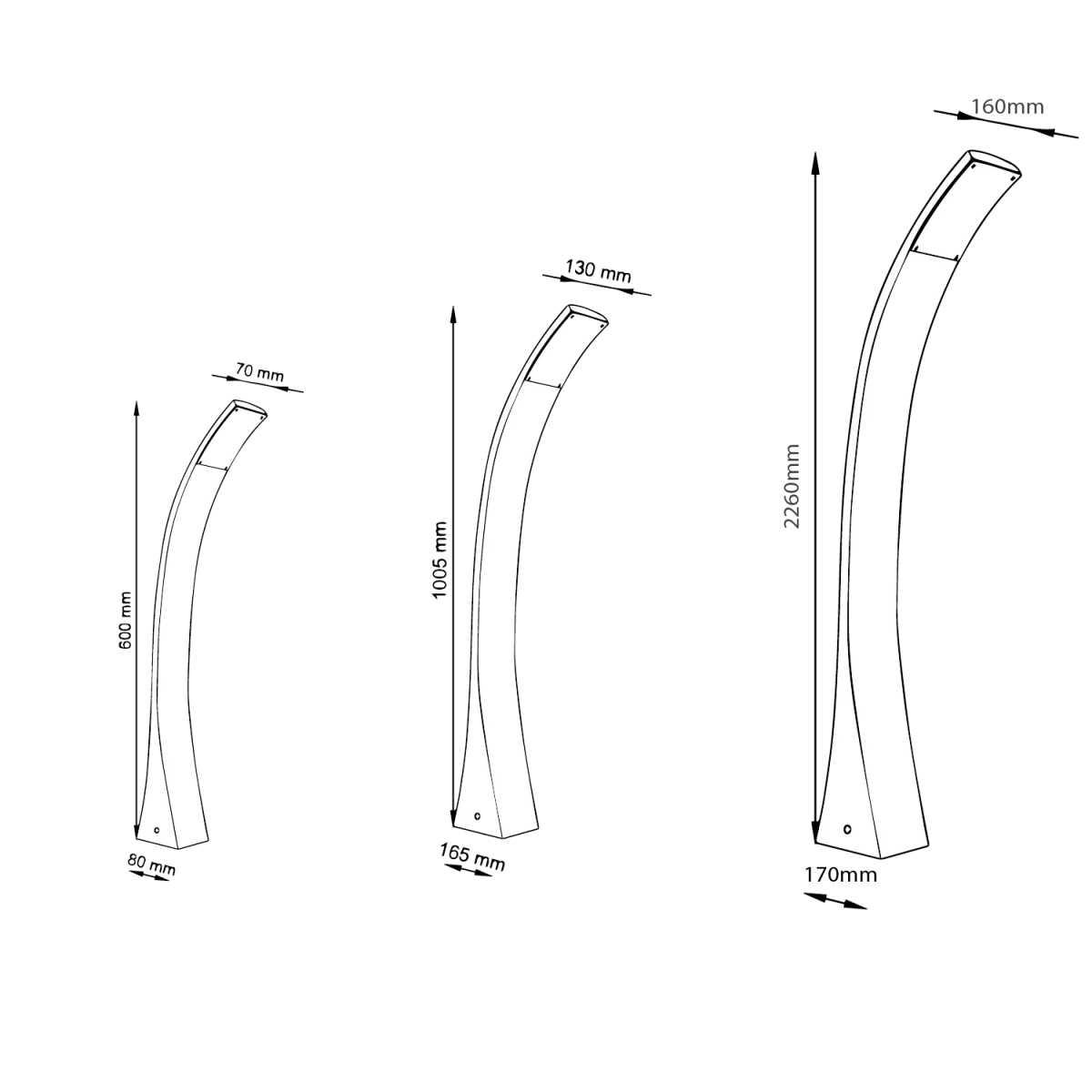 Measurement chart of curved objects with dimensions labeled