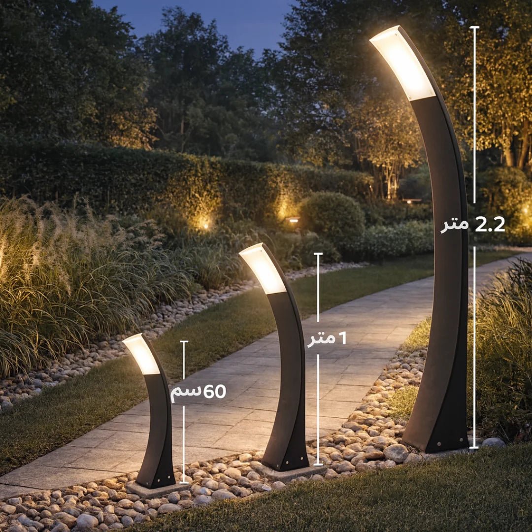Outdoor garden lights with measurements in a garden setting