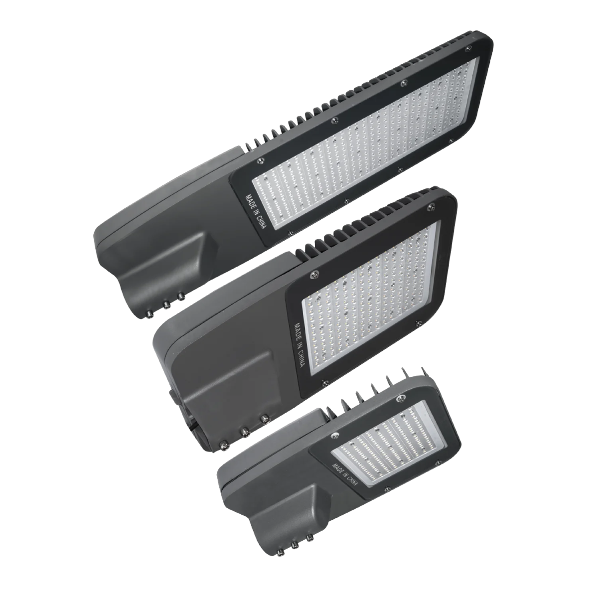 Three LED street lights on a white background