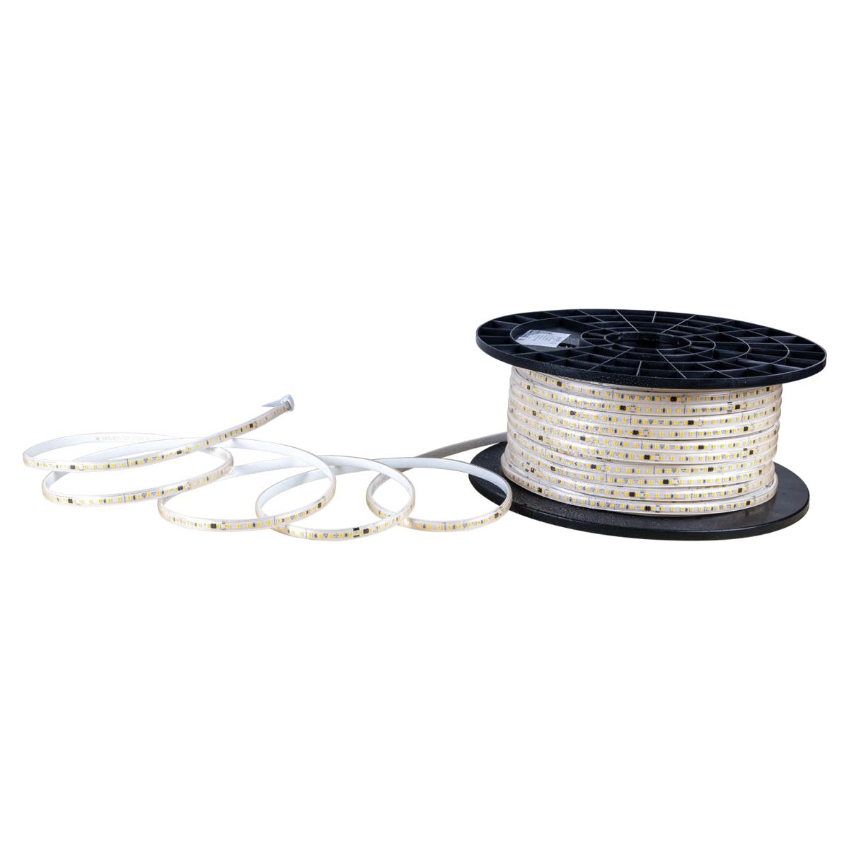 Spool of LED strip light on a white background