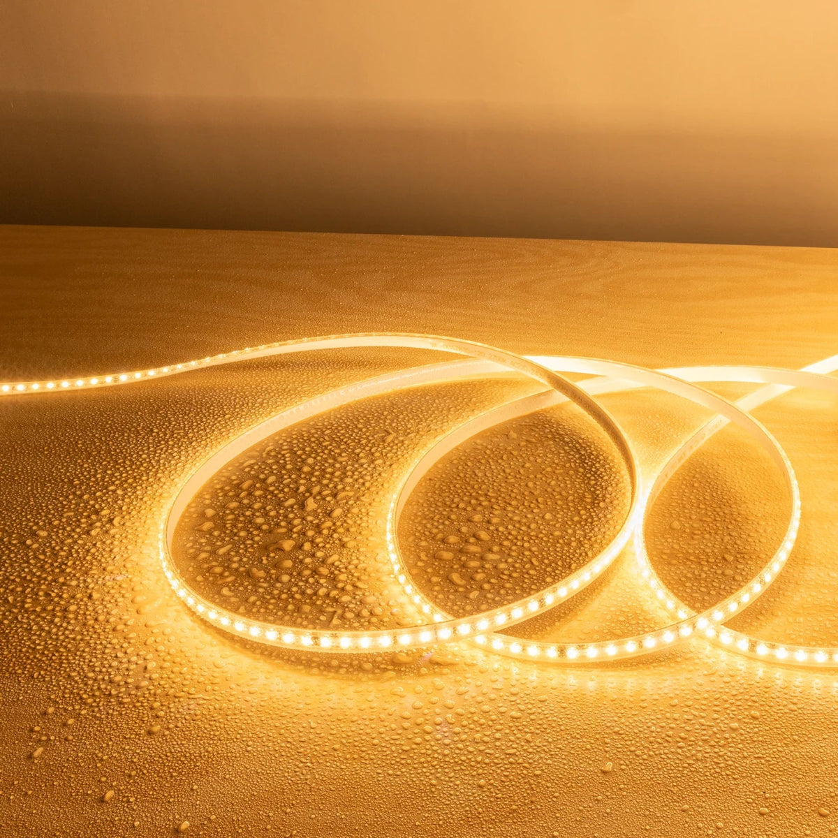 LED strip light on a textured surface with a warm glow