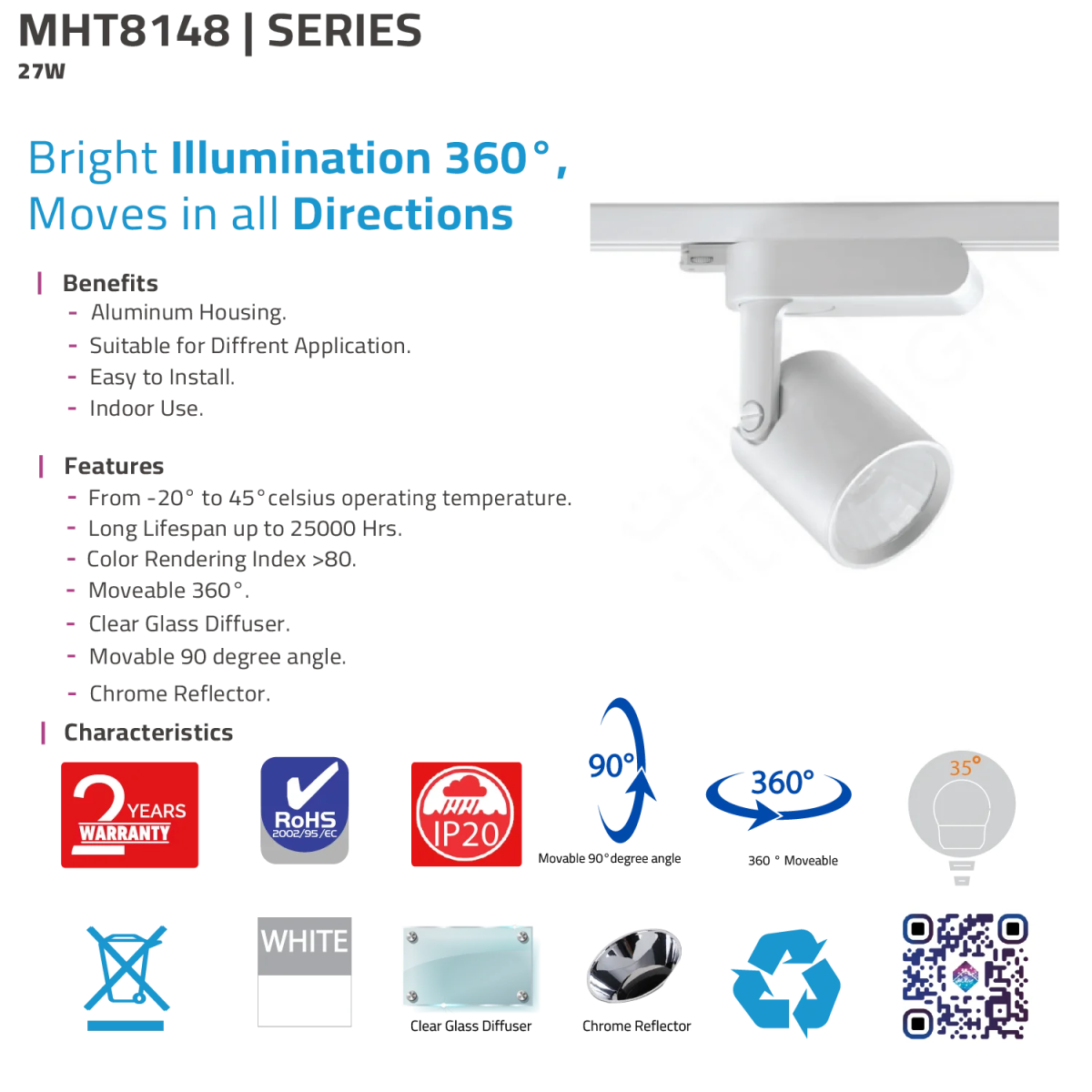 Ultralight LED Track Light 27W Adjustable 360° Indoor Spotlight (MHT8148)