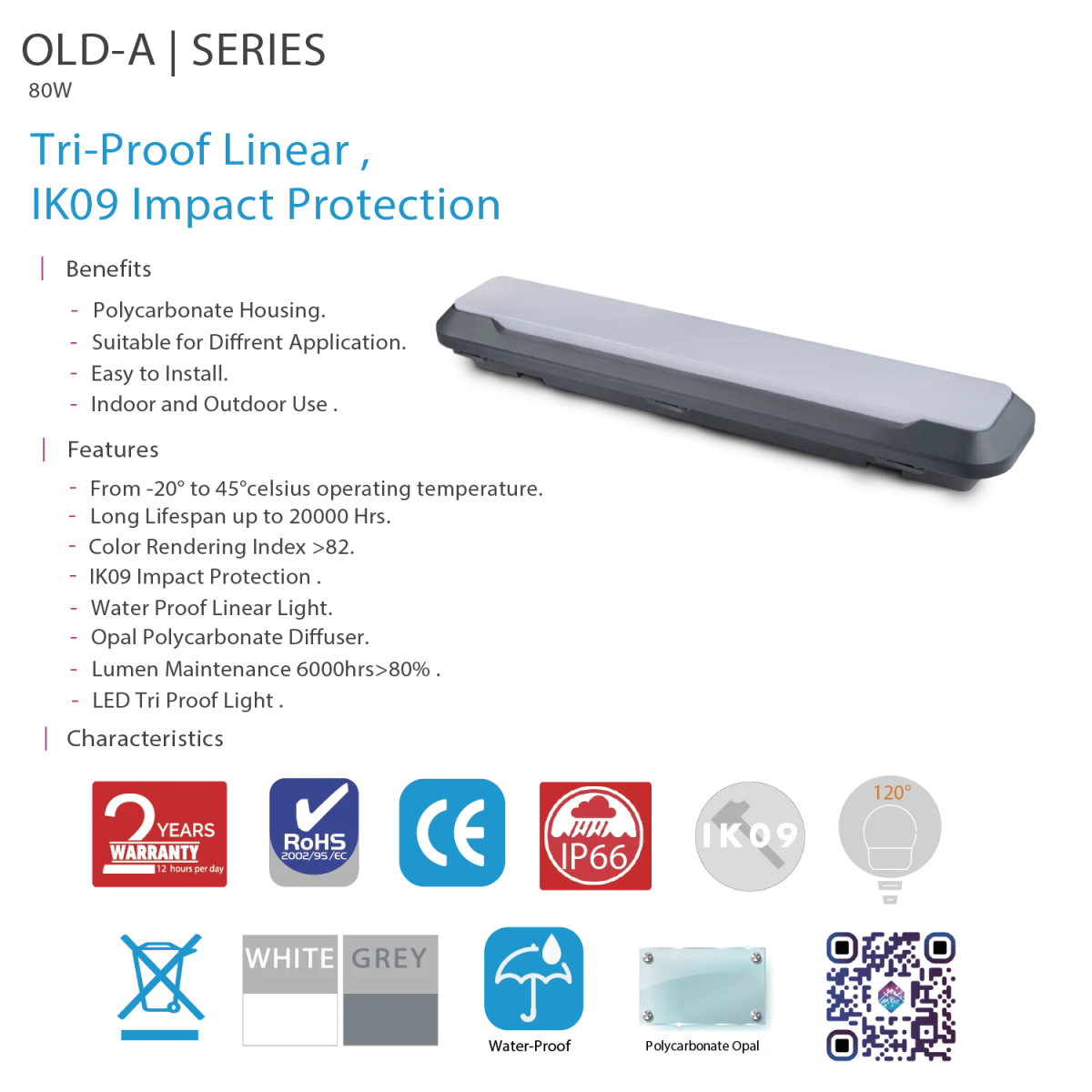 UltraLight LED Tri‑Proof Linear Light 80W – IP66, IK09 Impact‑Resistant (OLD‑A)
