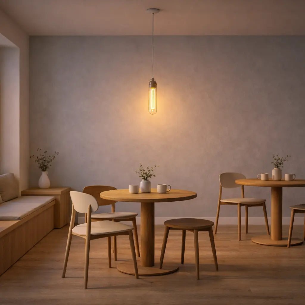 Modern dining area with wooden tables and chairs, soft lighting, and neutral colors.