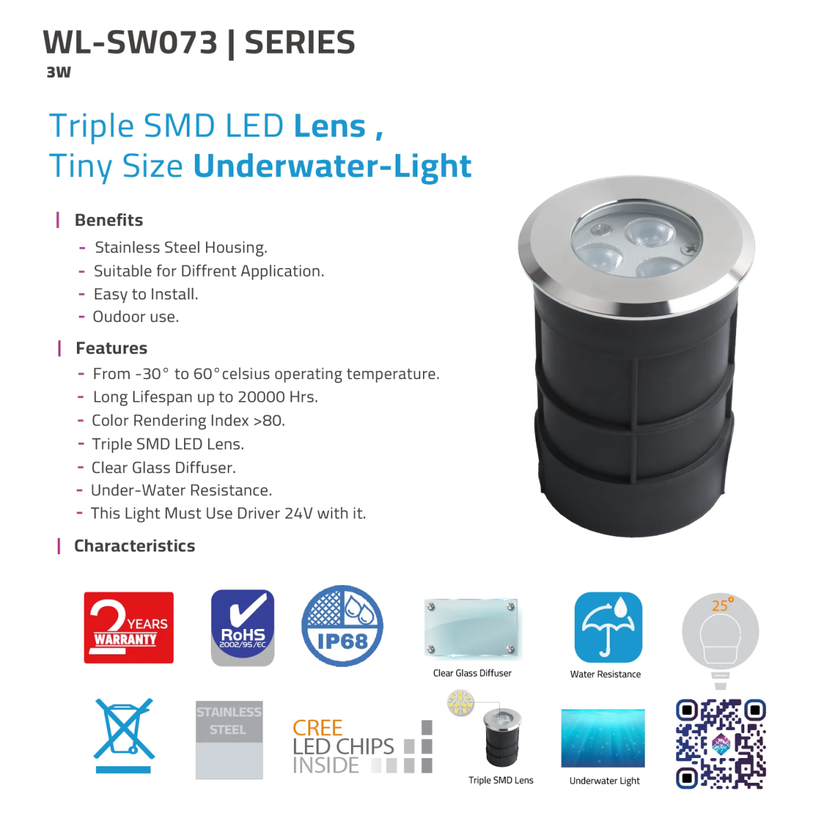 إضاءة ليد ملونة للمسابح 3 واط - إنارة تحت الماء بحماية IP68 ضد الماء (WL-SW073)