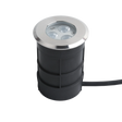 An underwater light with a metallic top and a black cylindrical base, equipped with multiple LEDs.