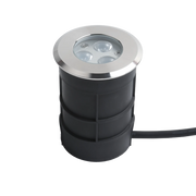 An underwater light with a metallic top and a black cylindrical base, equipped with multiple LEDs.