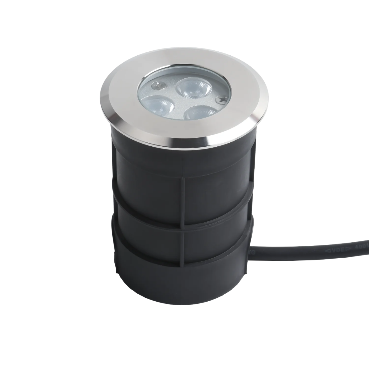 An underwater light with a metallic top and a black cylindrical base, equipped with multiple LEDs.