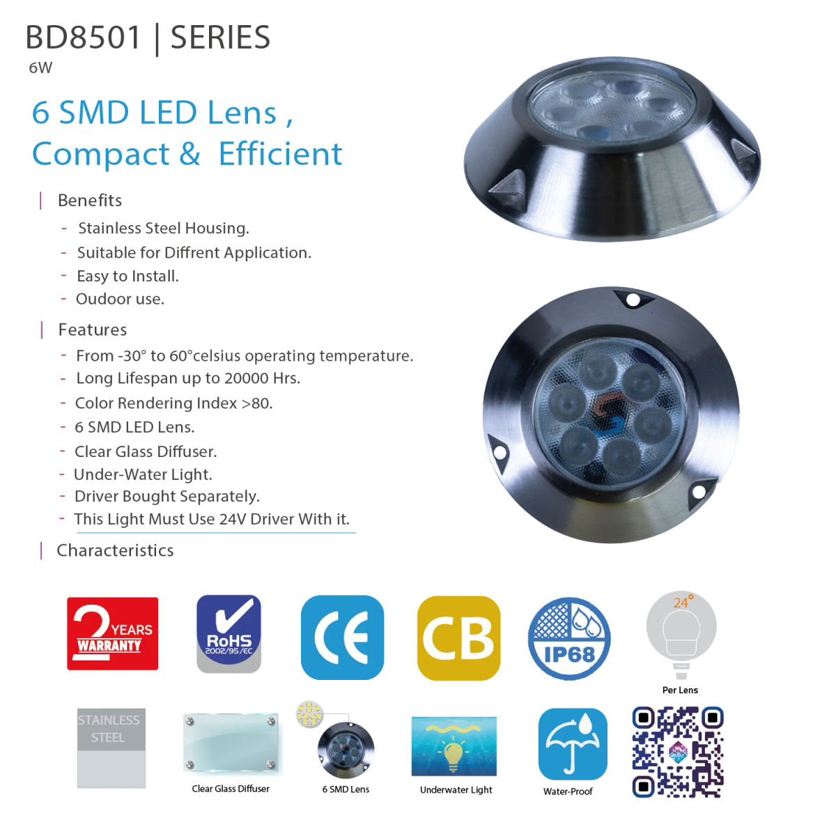 كشاف Ultra Light تحت الماء LED (BD8501) - إضاءة خارجية مقاومة للماء بقوة 6 واط