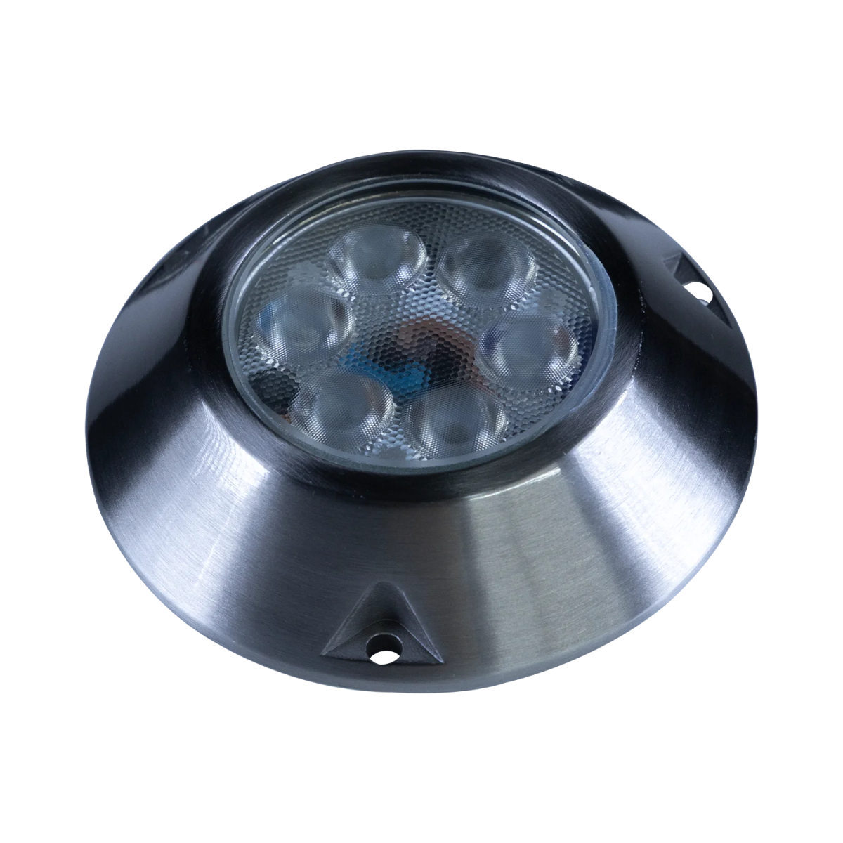 Round metallic light fixture on a white background