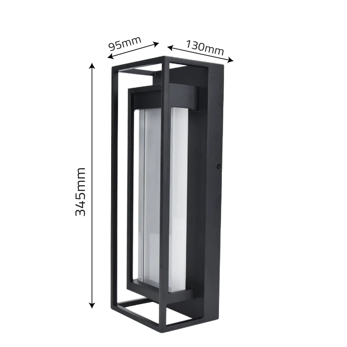 Black outdoor wall light with dimensions on a white background