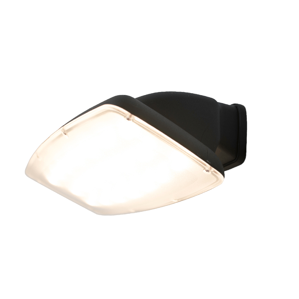 An Ultralight LED wall light fixture with a black base and clear lens.