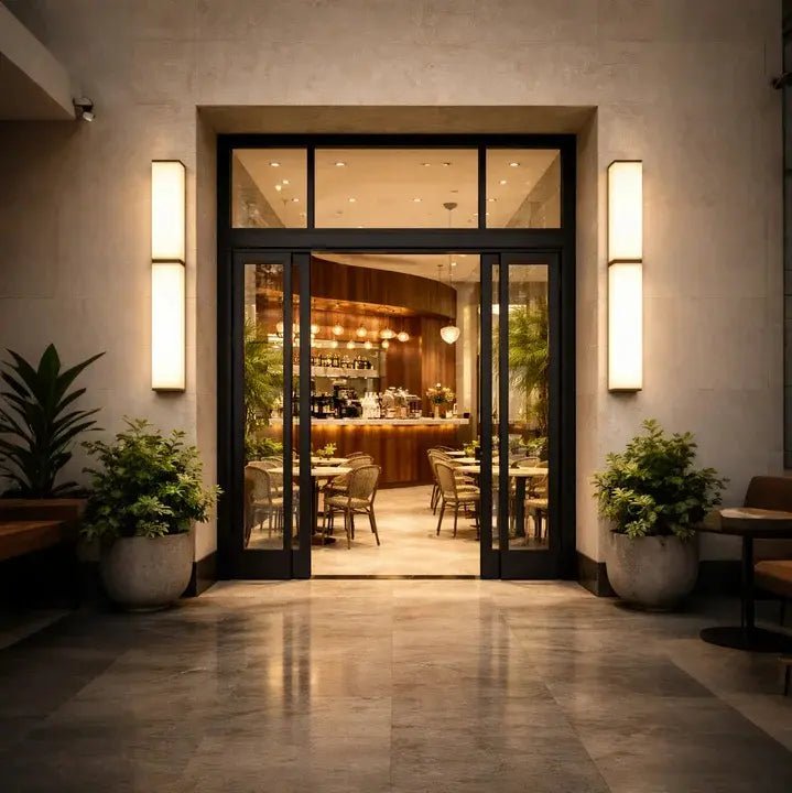 Modern entrance to a restaurant with glass doors and interior view.