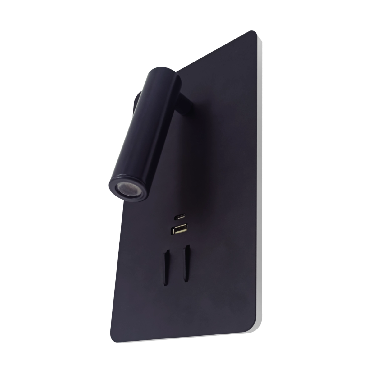 Black electronic device with a handle on a white background