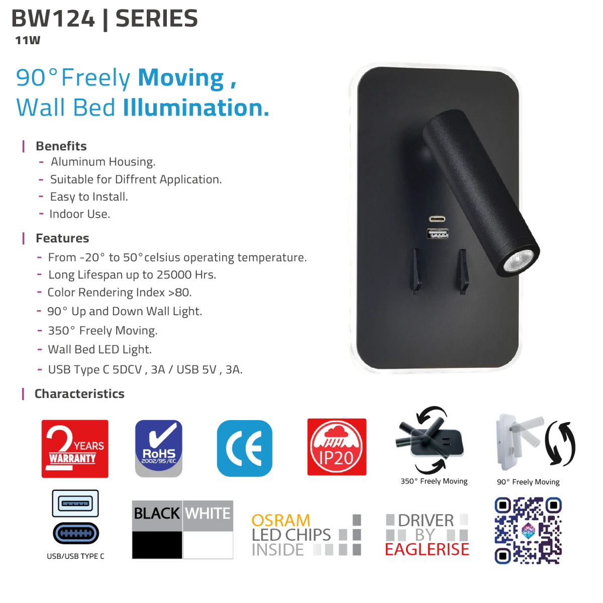 Black wall-mounted LED light with specifications and features on a white background