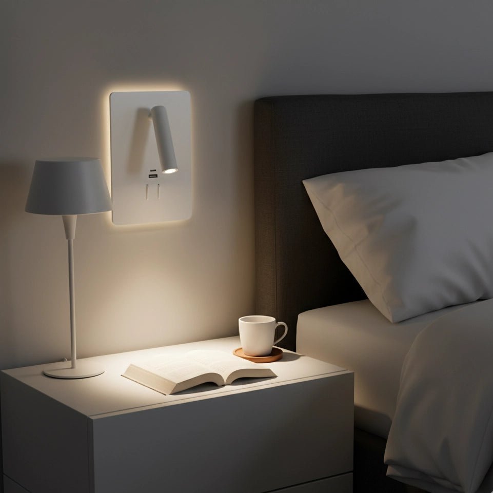 Bedroom scene with night light, lamp, and book on a nightstand.