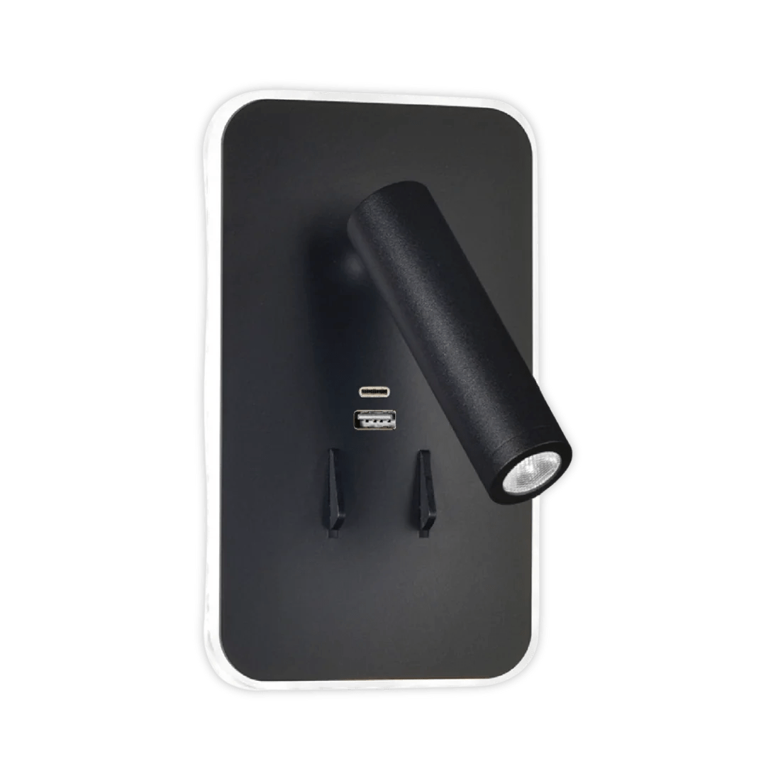 Black wall-mounted light fixture on a white background