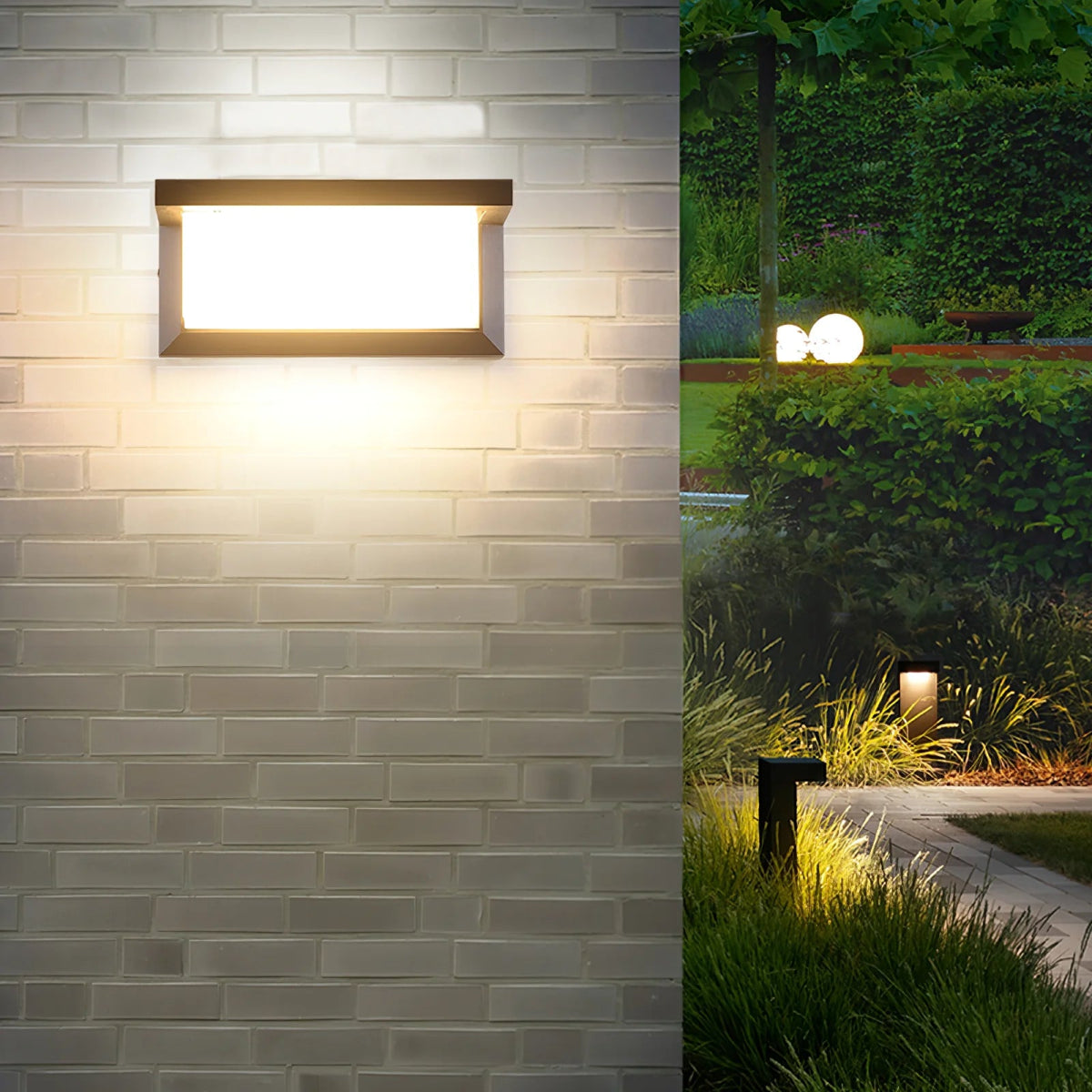 Ultralight LED Wall Sconce (BD3112) illuminating a modern outdoor brick wall in a landscaped garden.