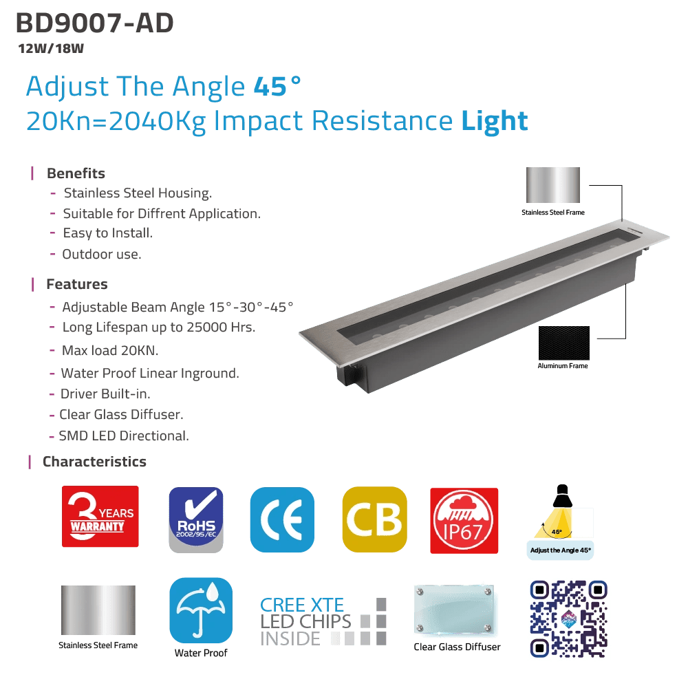 A linear inground LED light with 12W / 18W power and an adjustable Beam Angle 45° , IP67 Waterproof Protection,