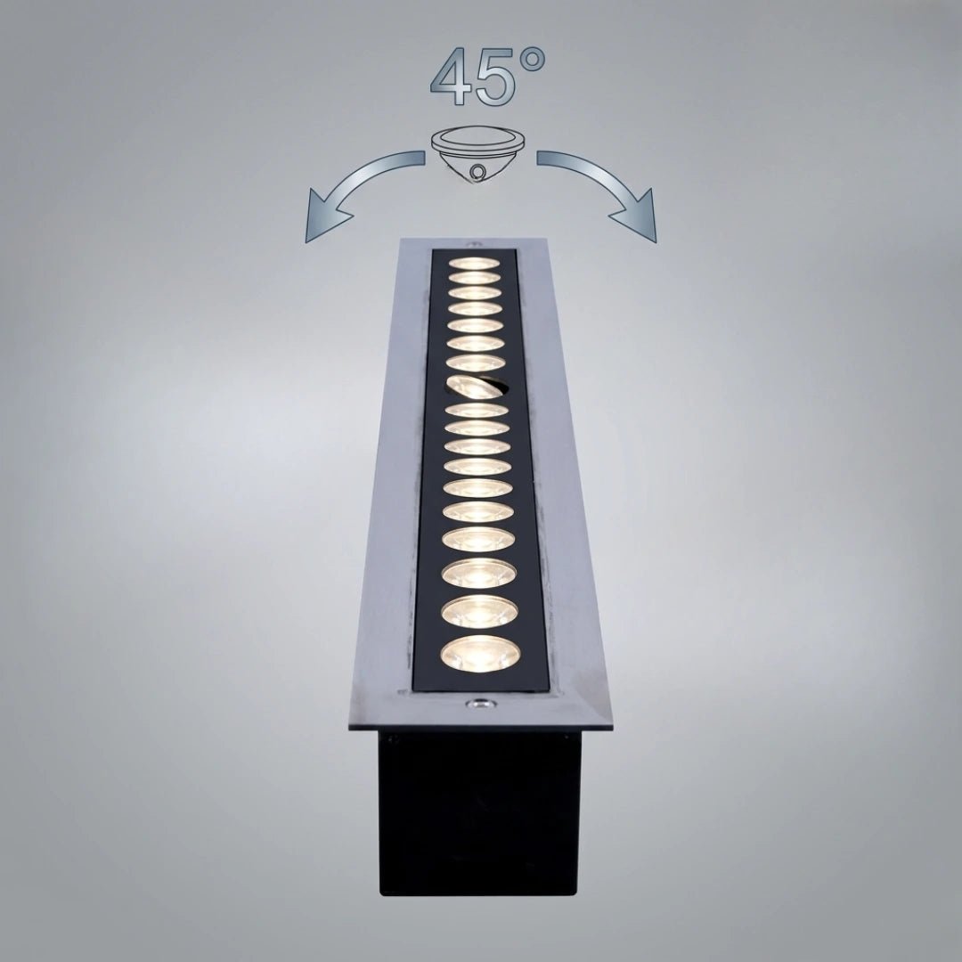 A linear inground LED light with 12W / 18W power and an adjustable Beam Angle 45° , IP67 Waterproof Protection,