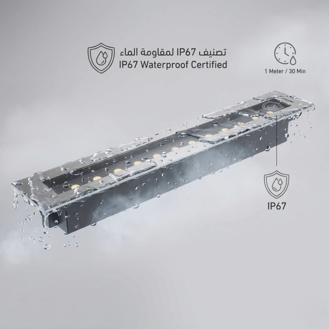 A linear inground LED light with 12W / 18W power and an adjustable Beam Angle 45° , IP67 Waterproof Protection,