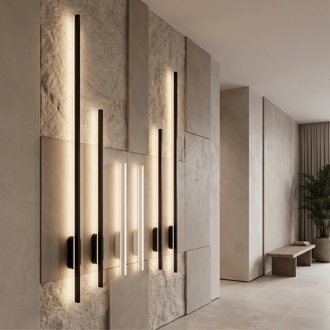 Modern wall lights in a stylish interior setting with neutral tones.