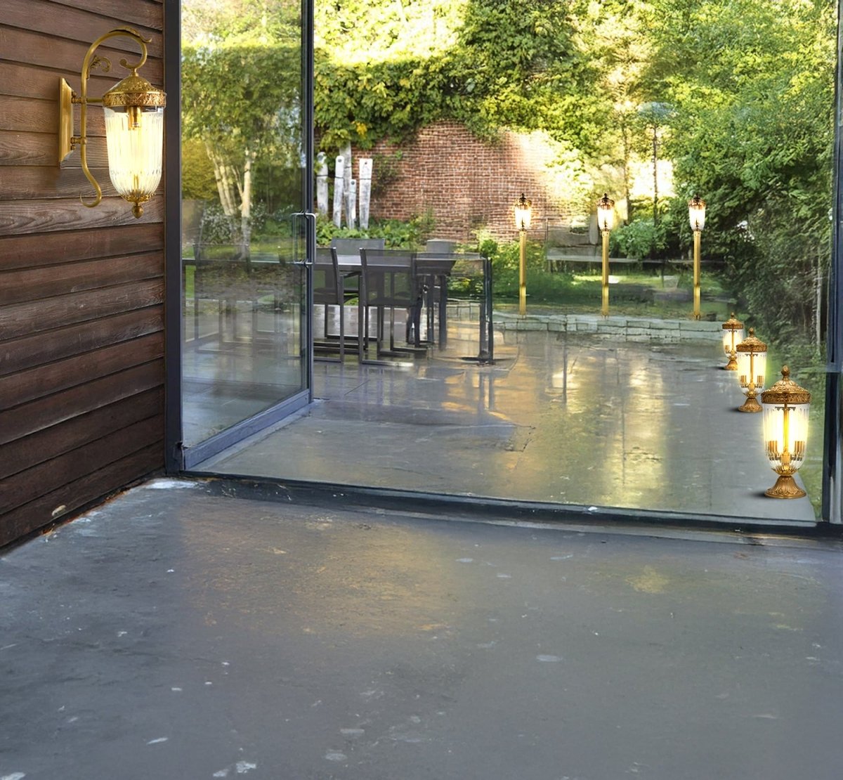 Outdoor patio area with glass door leading to a garden