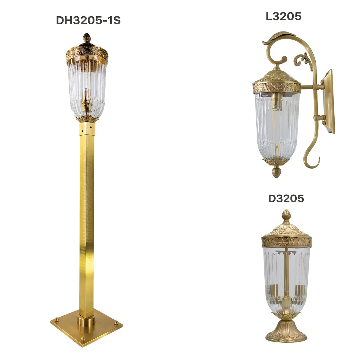 Three decorative outdoor lamps with gold accents and clear glass on a white background.
