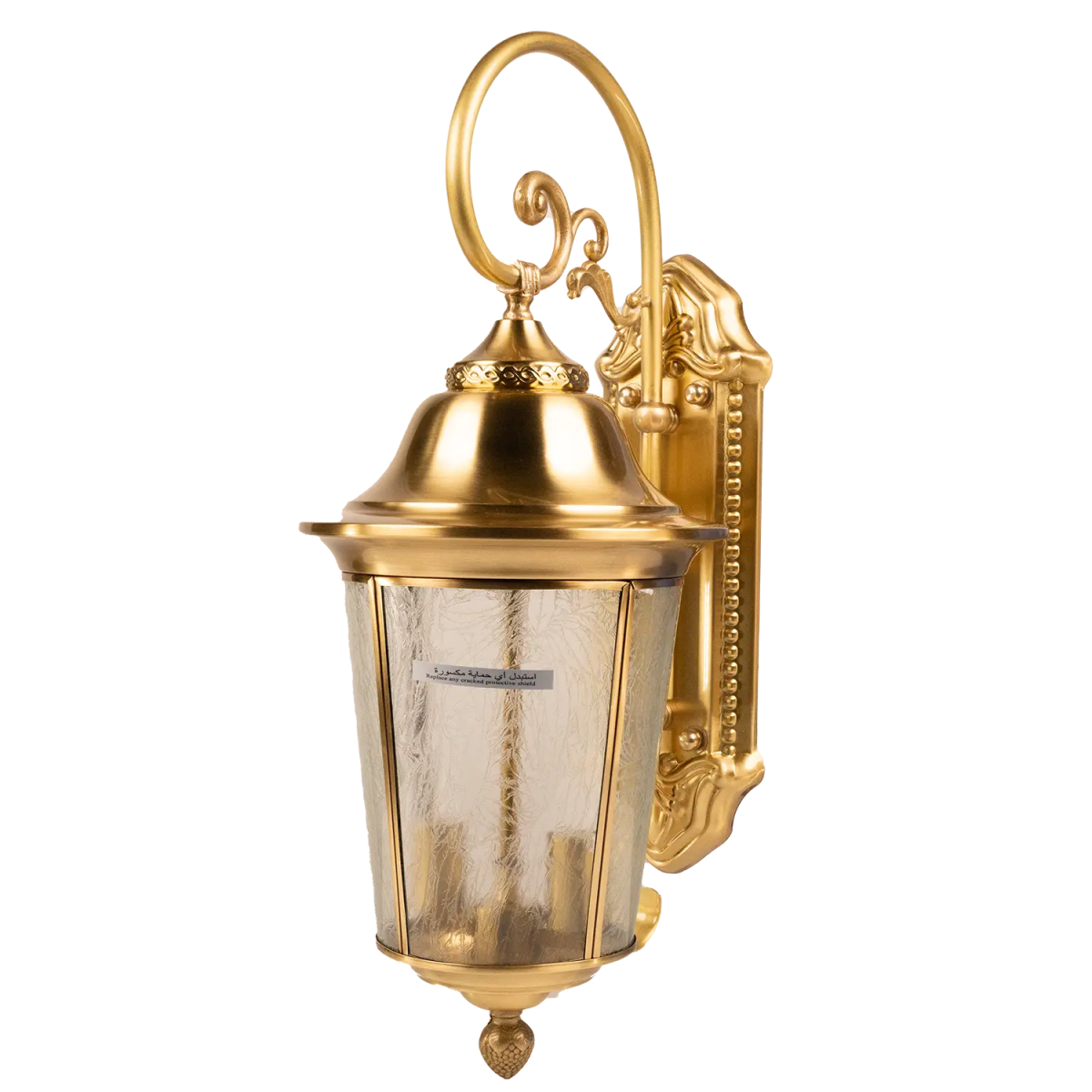 Gold outdoor wall lantern with decorative design on a white background
