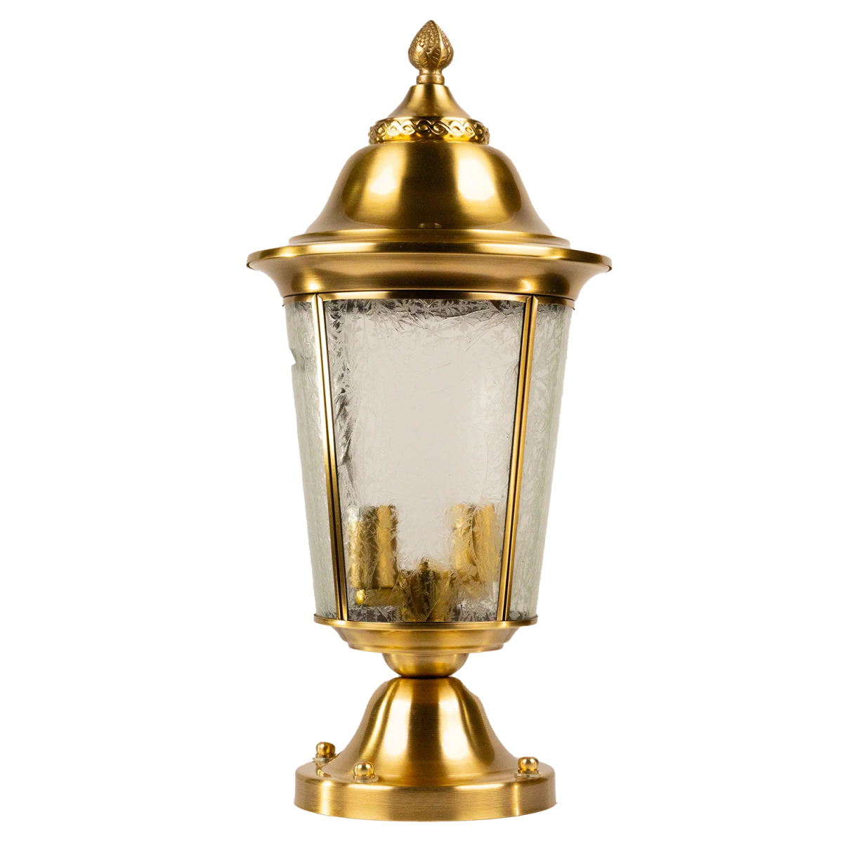 Gold outdoor lantern with clear glass on a white background
