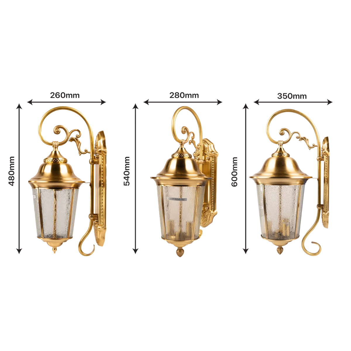 Three gold wall-mounted lanterns with dimensions indicated on a white background