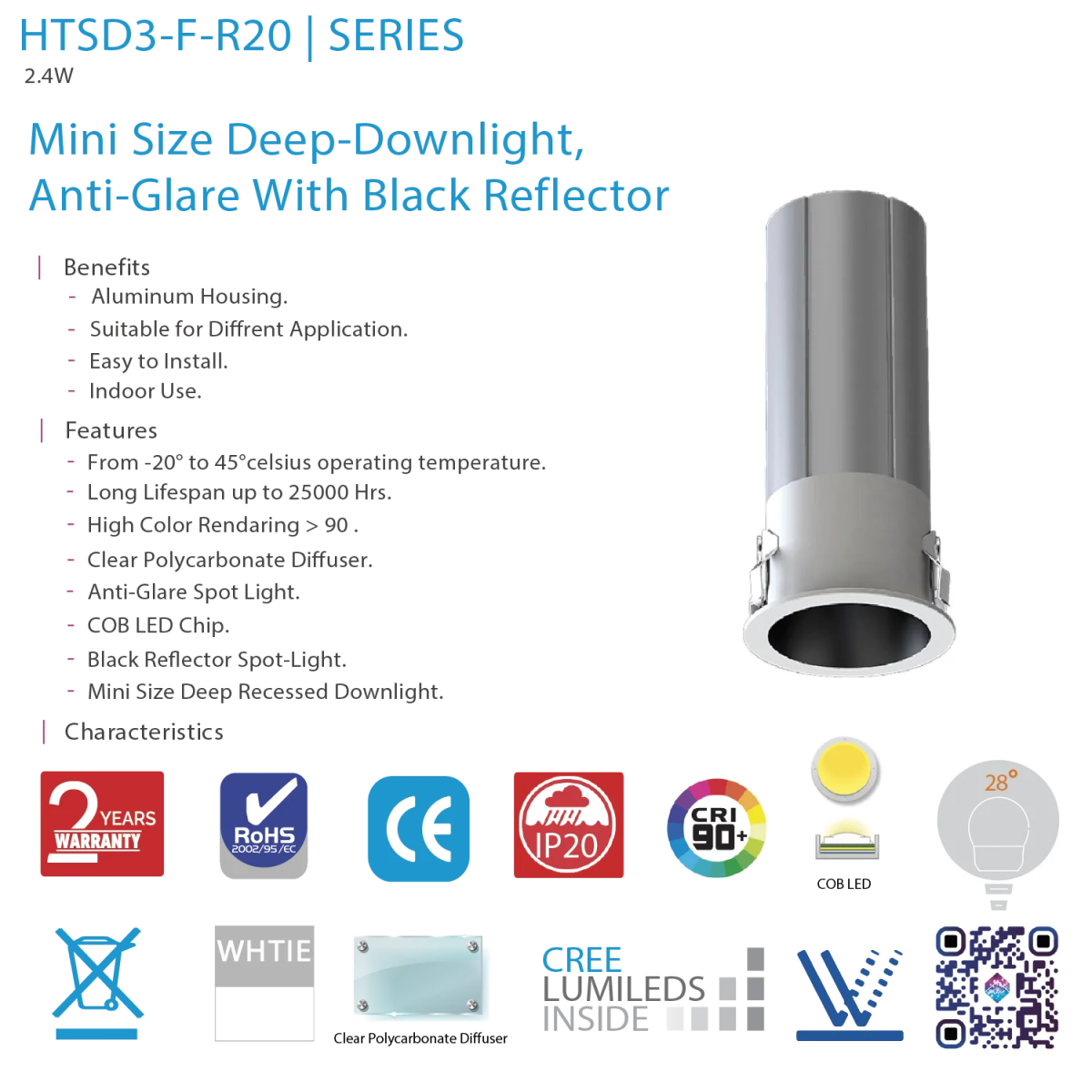 Ultralight Mini Anti-Glare Recessed LED Spot Light 2.4W CRI>90 (HTSD3-F-R20)