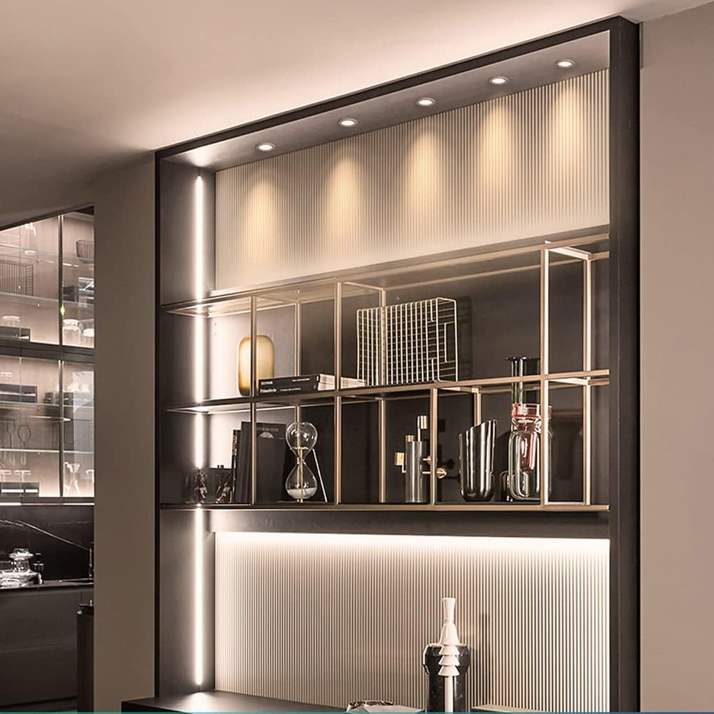 Modern kitchen interior with shelves and decorative items.