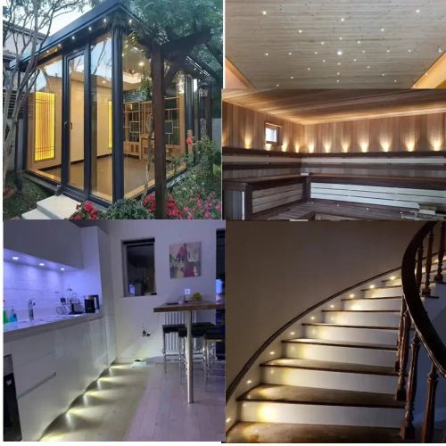 Collage of interior design elements including a modern kitchen, living room, and staircase with hidden lighting.