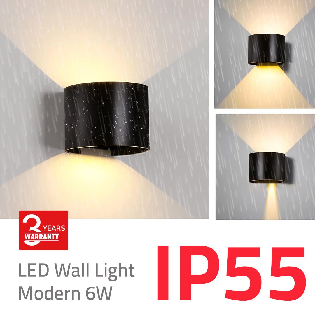 LED wall light with black casing, rain simulation, and IP55 rating on a gray background.