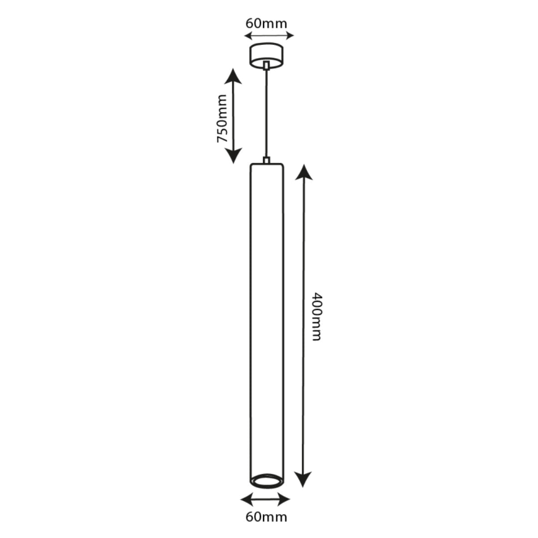 A black and white line drawing showing the dimensions of a cylindrical hanging rod or pole, with measurements labeled 60mm, 750mm, and 400mm.
