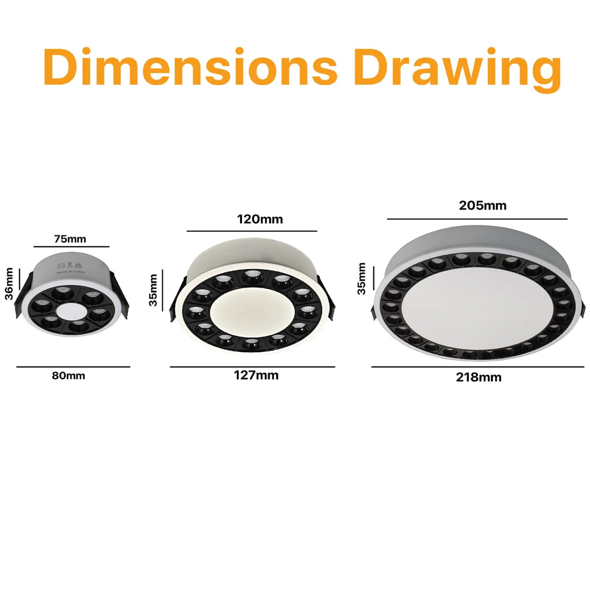 Ultralight Modern Recessed LED Ceiling Light showing three sizes with detailed dimensions in millimeters.