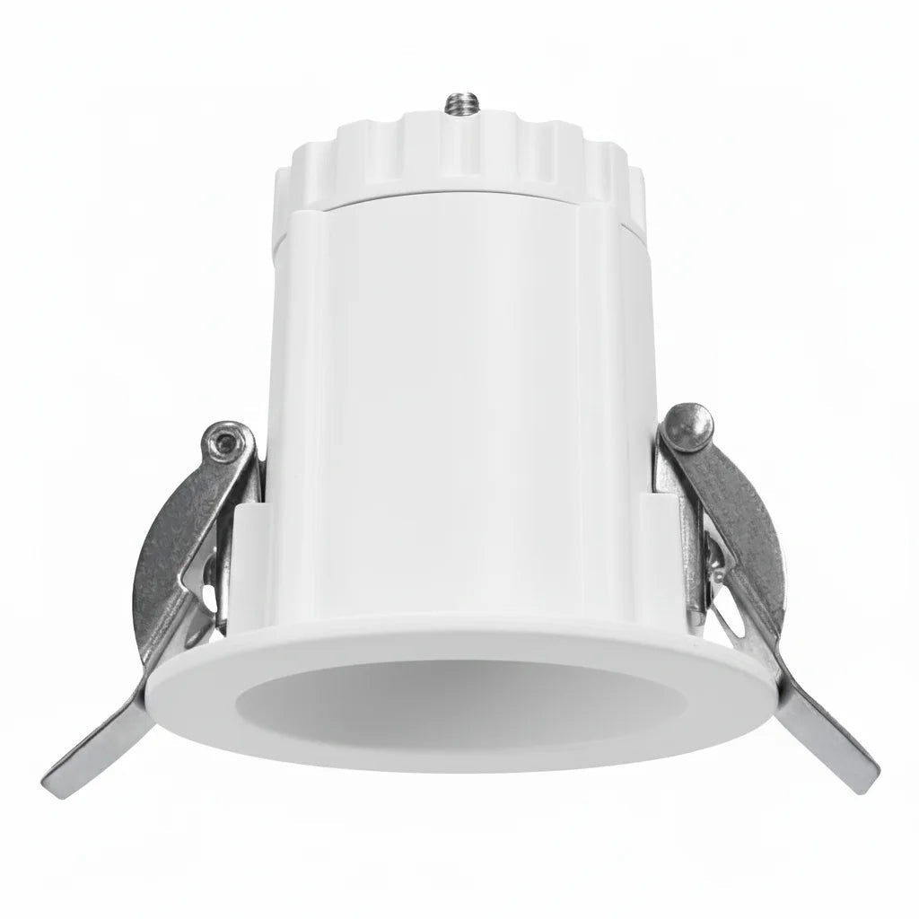 White recessed ceiling light with metal brackets on a white background