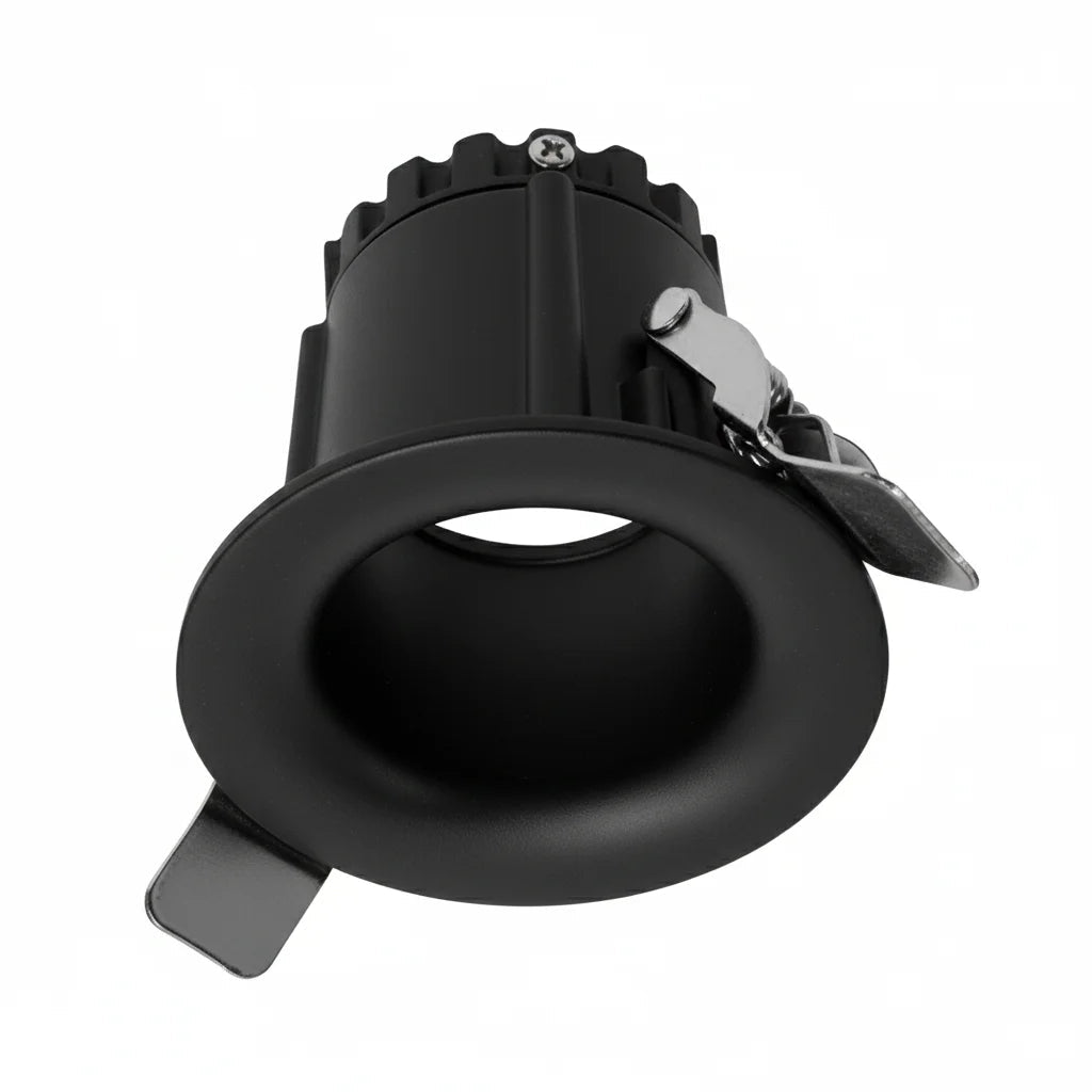 Black recessed ceiling light on a white background