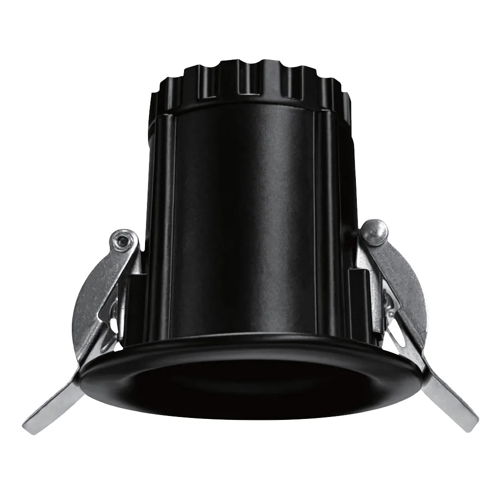 Black cylindrical light fixture on a white background